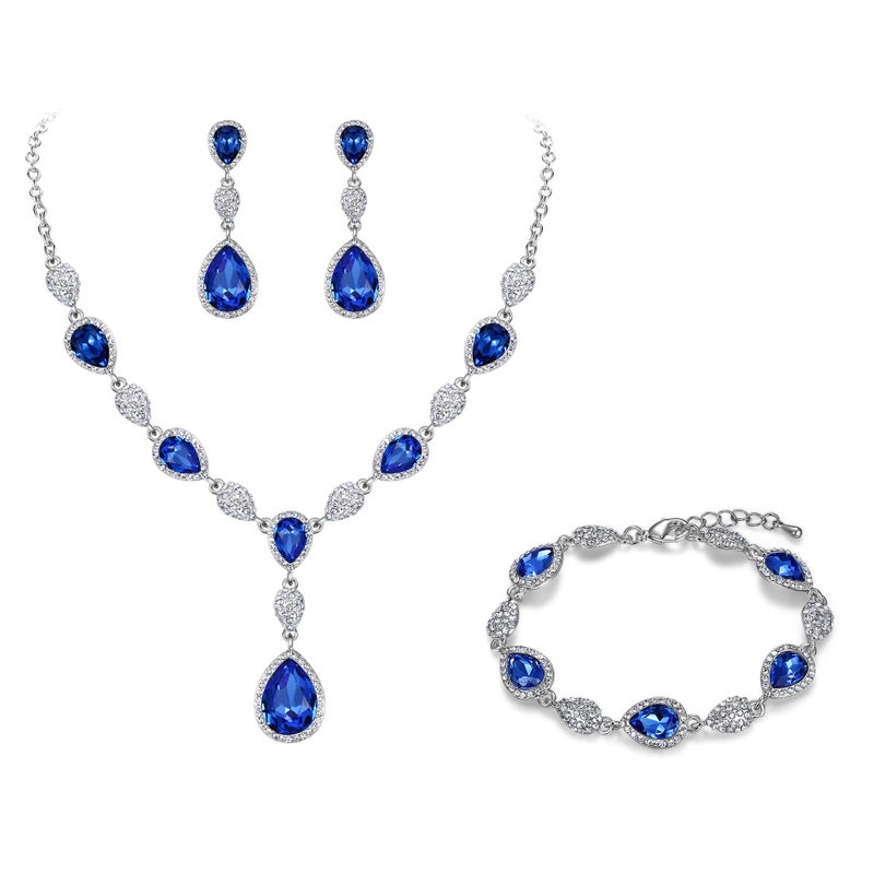 EleQueen Women's Wedding Bridal Jewelry Sets for Brides Bridesmaids, Cubic Zirconia Teardrop Necklace Tennis Bracelet Dangle Earrings Jewellery Set Sapphire Color - Image 1